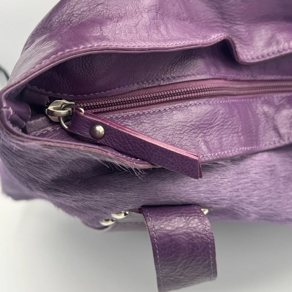 Innue Made in Italy Genuine Leather Calf Hair Plum Purple Tote Bag - Picture 6 of 9